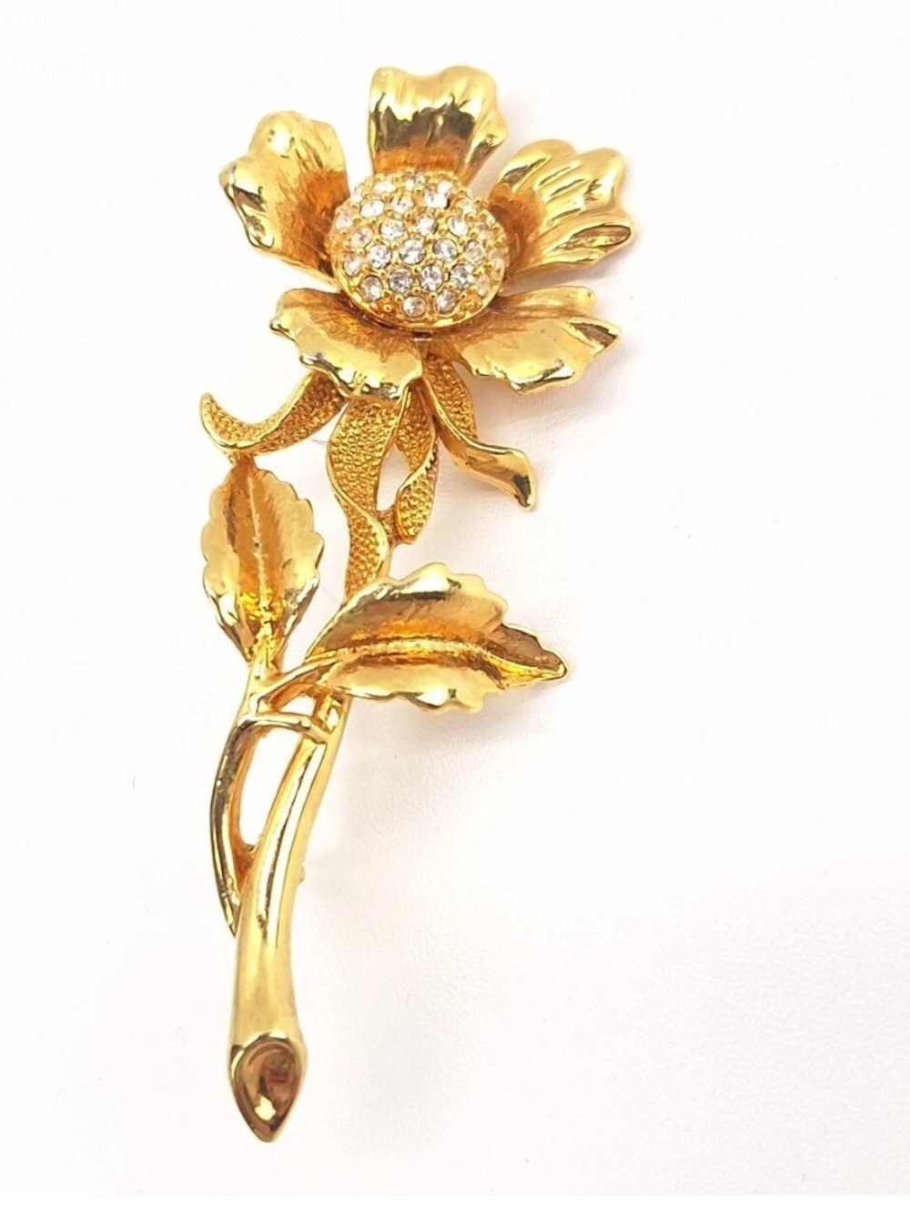 Liz Claiborne Gold Flower Stem Brooch with Clear Crystals Center 3” Long.
